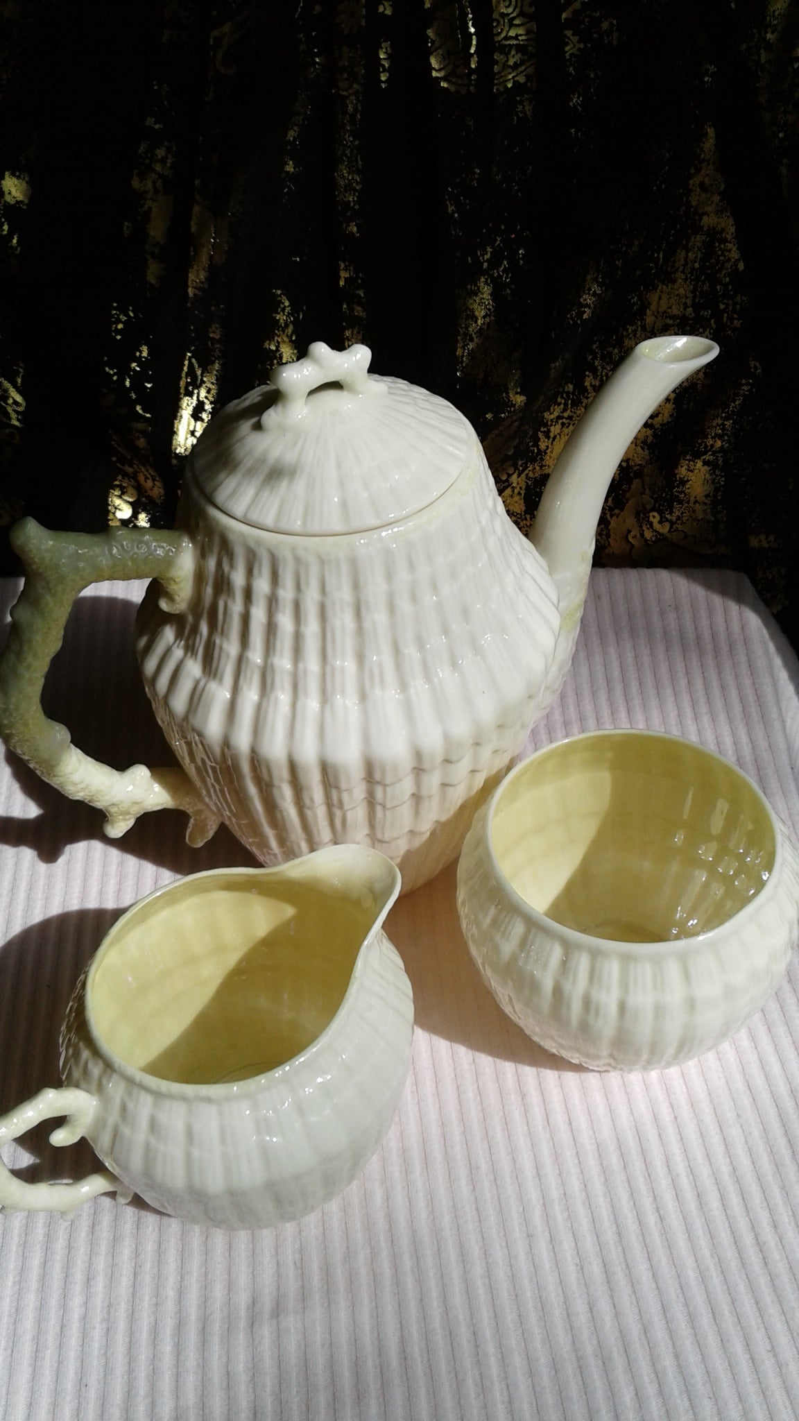 Belleek Vintage China Yellow Limpet pattern Teapot, lid, creamer and sugar bowl