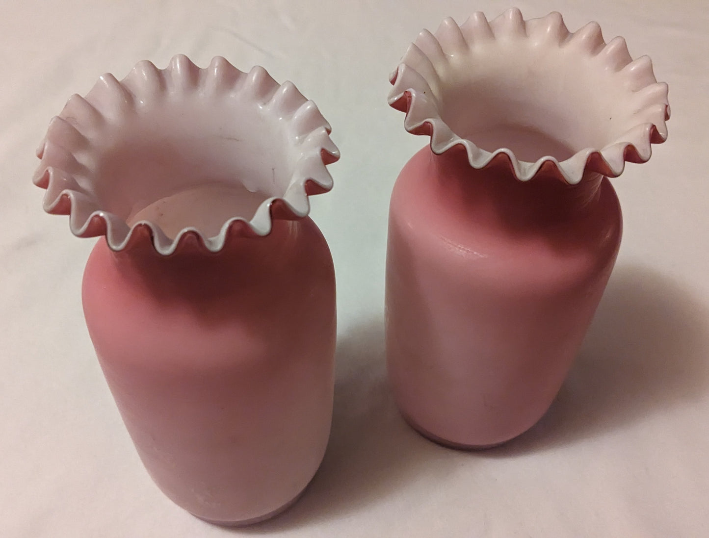 Vintage VASES; PAIR; Fenton-Style Ruffled Top; Rose Ombre Satin Glass - Hand Blown - Granny core