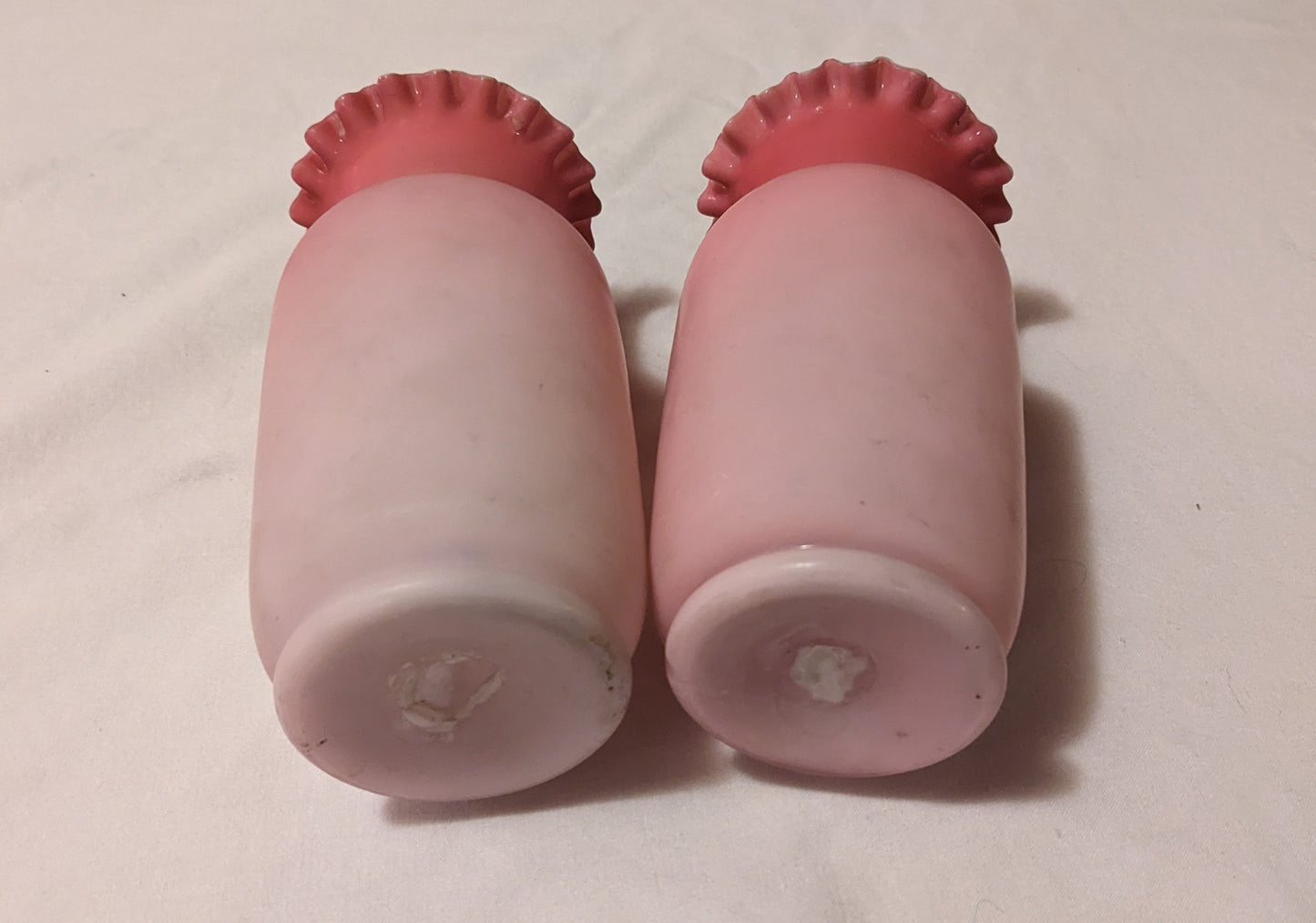 Vintage VASES; PAIR; Fenton-Style Ruffled Top; Rose Ombre Satin Glass - Hand Blown - Granny core