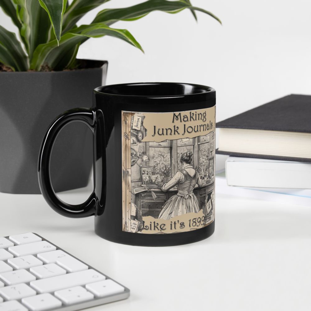 Junk Journal Maker's Mug - Black Glossy Coffee Mug Gift for Junk Journal Makers or Junk Journal LOVERS!