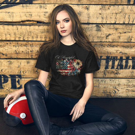 Oh Beautiful Patriotic Unisex t-shirt Featuring the American Flag in Flowers